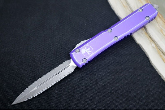 Microtech Ultratech OTF - Double Full Serrated Dagger Blade / Apocalyptic Finish / Distressed Purple Aluminum Handle 122-D12DPU