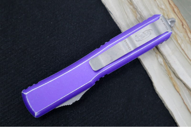 Microtech Ultratech OTF - Double Full Serrated Dagger Blade / Apocalyptic Finish / Distressed Purple Aluminum Handle 122-D12DPU
