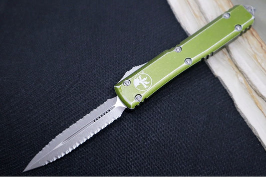 Microtech Ultratech OTF - Double Full Serrated Dagger Blade / Apocalyptic Finish / Distressed OD Green Aluminum Handle 122-D12DOD