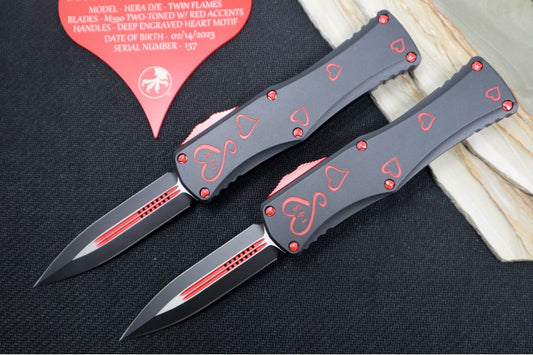 Microtech Hera OTF "TWIN FLAMES" - Double Edge / Black & Red Blade / Black Aluminum Handle with Hearts 702-1SETTFS