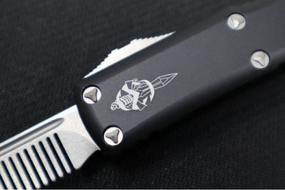 Microtech Marfione Custom Tactical Beard Comb OTF - Black Aluminum Handle / Stonewashed Fine Tooth Beard Comb Blade