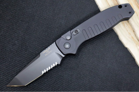 Hogue Knives Ballista - Matte Black Aluminum Handle / 154CM Tanto Serrated Blade / Black Finish 64120