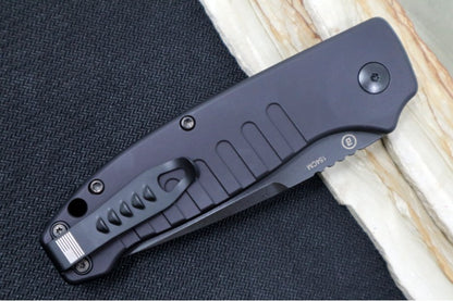 Hogue Knives Ballista - Matte Black Aluminum Handle / 154CM Tanto Serrated Blade / Black Finish 64120