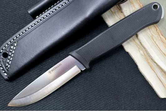 Boker Arbolito BK-1 Fixed Blade - Black Synthetic Handle / Satin Drop Point / N690 Steel / Black Leather Sheath 02BA200