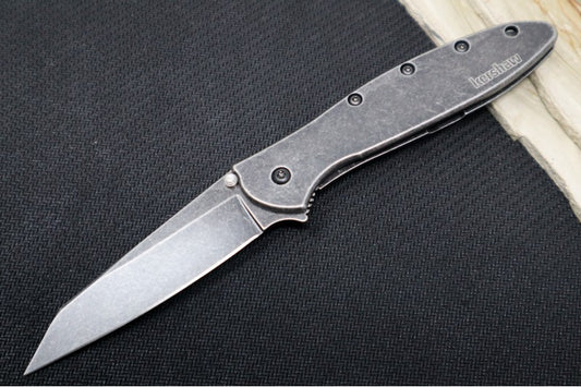 Kershaw 1660RBW Random Leek Flipper - Blackwash Stainless Steel Handle / 14C28N Steel / Reverse Tanto Blade