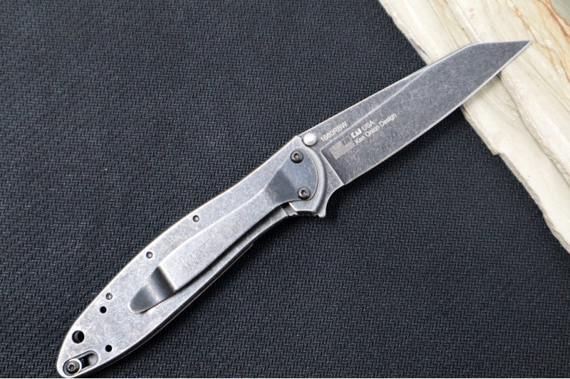 Kershaw 1660RBW Random Leek Flipper - Blackwash Stainless Steel Handle / 14C28N Steel / Reverse Tanto Blade