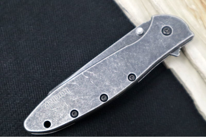 Kershaw 1660RBW Random Leek Flipper - Blackwash Stainless Steel Handle / 14C28N Steel / Reverse Tanto Blade