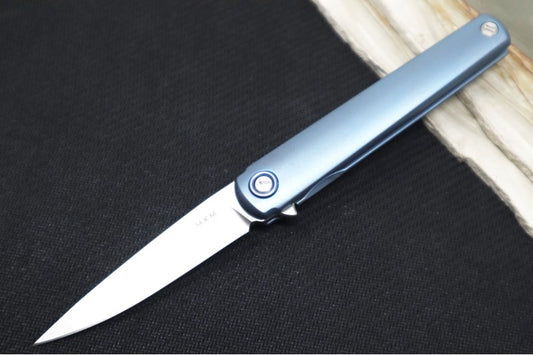 Maniago Knife Makers Flame - Stonewash Drop Point Blade / M390 Steel / Blue Anodized Titanium Handle MK-FL01-TBSW