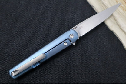 Maniago Knife Makers Flame - Stonewash Drop Point Blade / M390 Steel / Blue Anodized Titanium Handle MK-FL01-TBSW