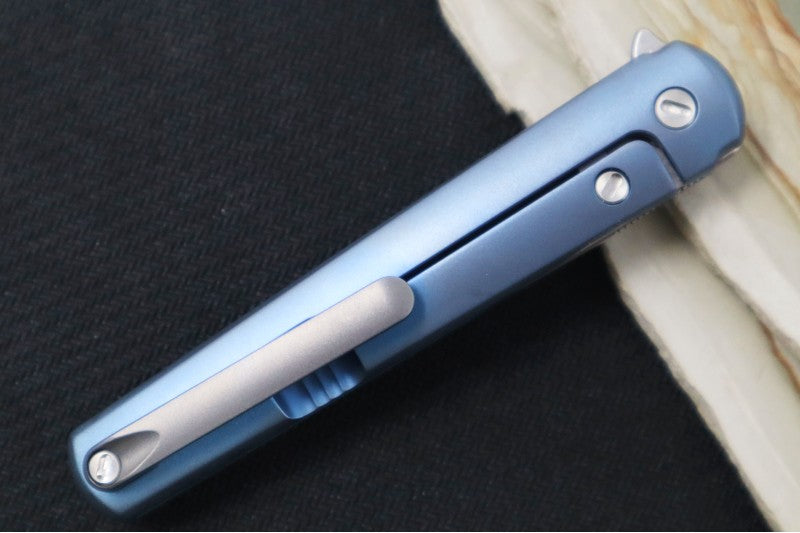 Maniago Knife Makers Flame - Stonewash Drop Point Blade / M390 Steel / Blue Anodized Titanium Handle MK-FL01-TBSW