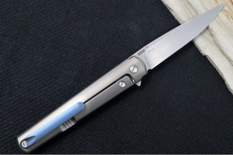 Maniago Knife Makers Flame - Stonewash Drop Point Blade / M390 Steel / Sandblasted Titanium Handle MK-FL01-TSW