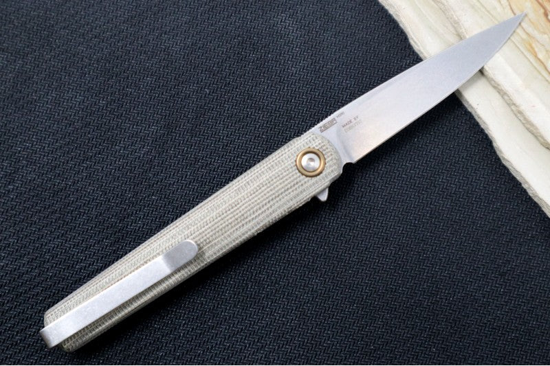 Maniago Knife Makers Flame Light - Stonewash Drop Point Blade / M390 Steel / Green Canvas Micarta Handle MK-FL01L-GC