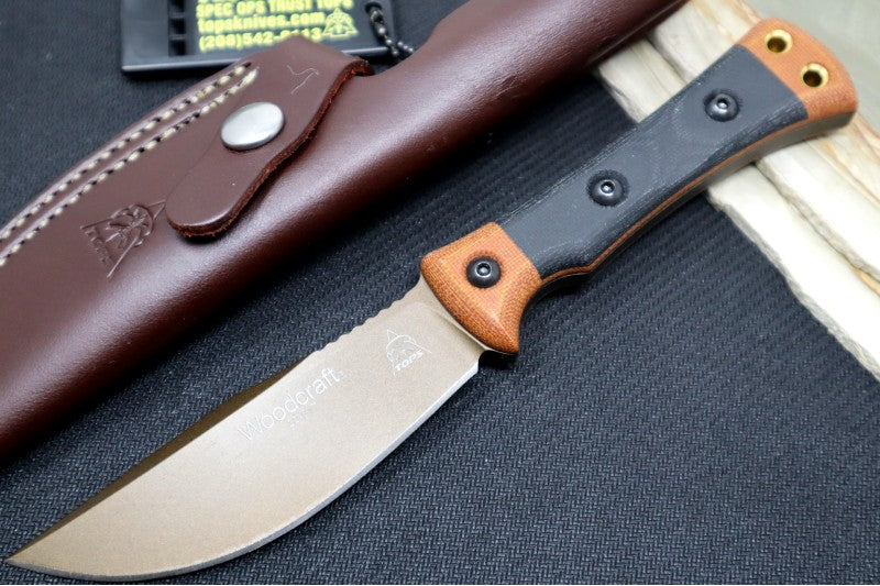 Tops Woodcraft - 1095 Steel / Tan & Black Micarta Handle / Kydex Sheath WC-01 - Northwest Knives
