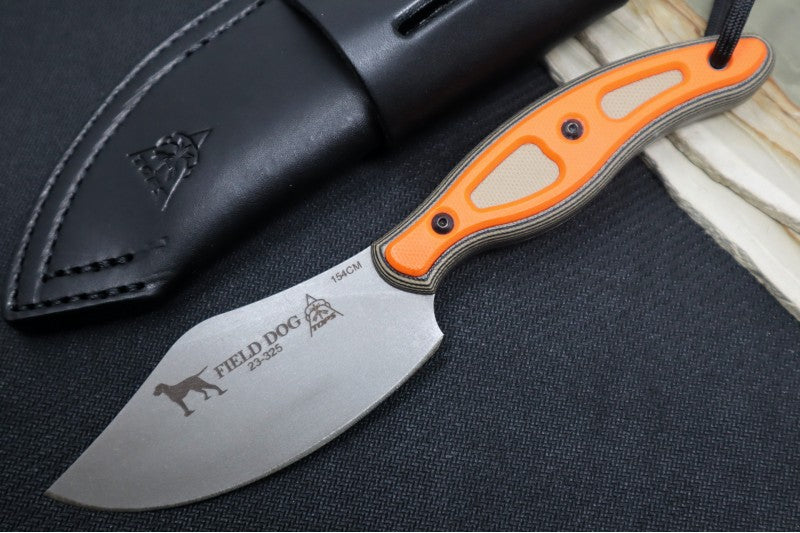 Tops Field Dog - 154CM Steel / Tan & Black G-10 Handle & Orange G-10 Insert / Black Leather Sheath FDOG-01