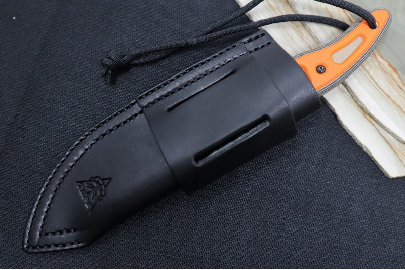 Tops Field Dog - 154CM Steel / Tan & Black G-10 Handle & Orange G-10 Insert / Black Leather Sheath FDOG-01 - Northwest Knives