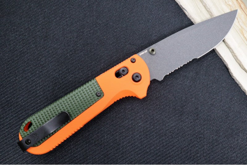 Benchmade 430SBK Redoubt Custom- Drop Point with Partial Serrate / Cobalt Black Finish / Hunter Orange & Green Grivory Handles