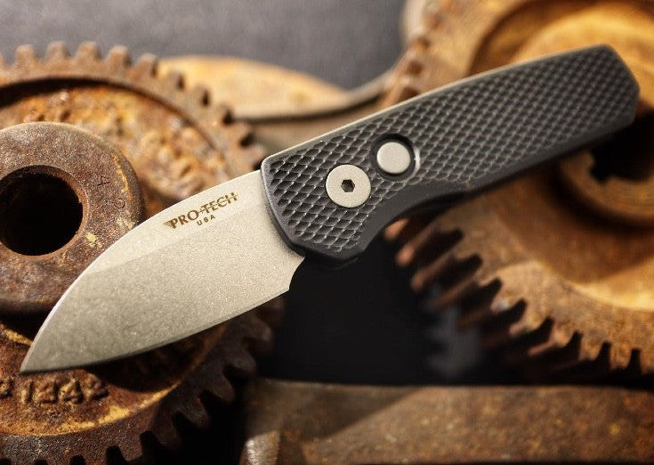 Pro Tech Runt Auto - Black Textured Aluminum Handle / Stonewashed Wharncliffe Blade / CPM-20CV Steel R5105