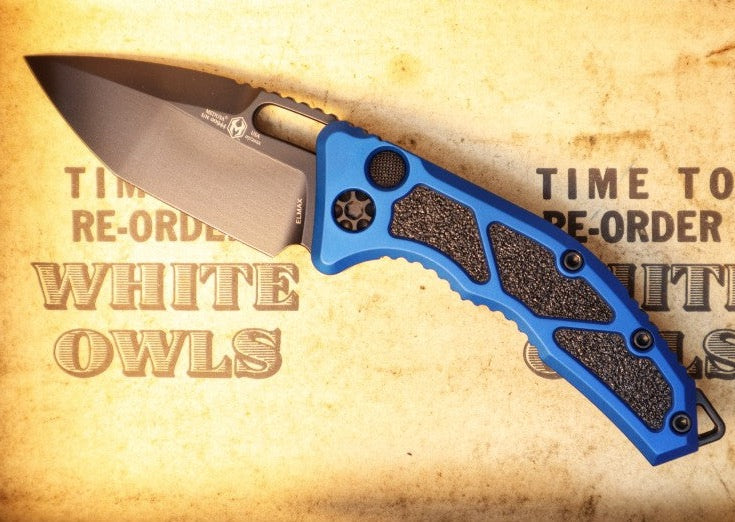 Heretic Knives Medusa Auto - Tanto DLC Blade / Blue Anodized Aluminum Handle with Grip Inlays