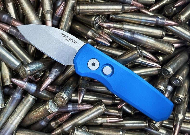 Pro Tech Runt Auto - Blue Aluminum Handle / Stonewashed Wharncliffe Blade / CPM-20CV Steel R5101-BLUE