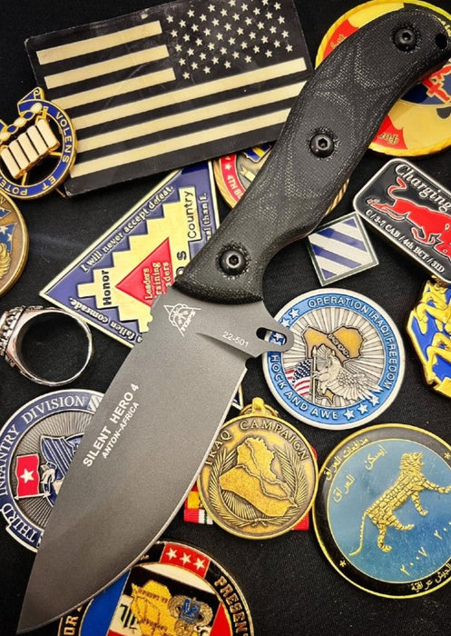 Tops Silent Hero 4 - 1095 Steel / Black Canvas Micarta Handle / Black Kydex Sheath HERO4-01