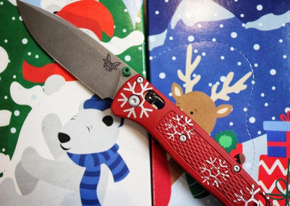 Benchmade 535 Bugout Custom "Snowflakes for Christmas" - CPM-S30V Blade / Red Handles with Silver Snowflakes / Green Thumbstud / Silver Hardware & Clip