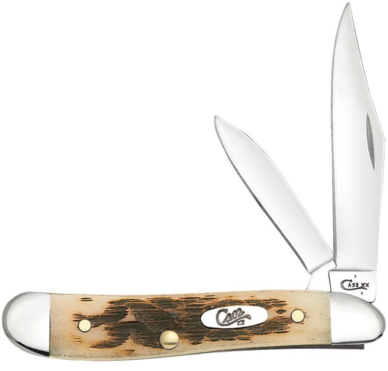 Case Knives Peanut - Clip & Pen Blades / Tru-Sharp Stainless Steel / Peach Seed Jig Amber Bone Handle 00045