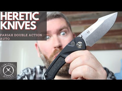 Heretic Knives Pariah Dual Action Auto - Stonewash Blade / Elmax Steel / Black Aluminum Handle & Grip Tape Inlays H048-2A