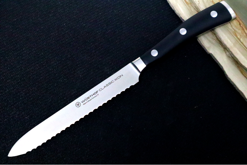 Wusthof Classic Ikon - 5" Serrated Utility - Fully forged German stainless steel (X50 CrMoV 15) - Made in Solingen, Germany - Northwest Knives